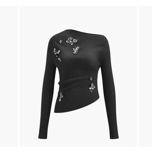 Commense Asymmetrical Black Sequin Flower Sweater Retro 90s Whimsgoth Cottage M